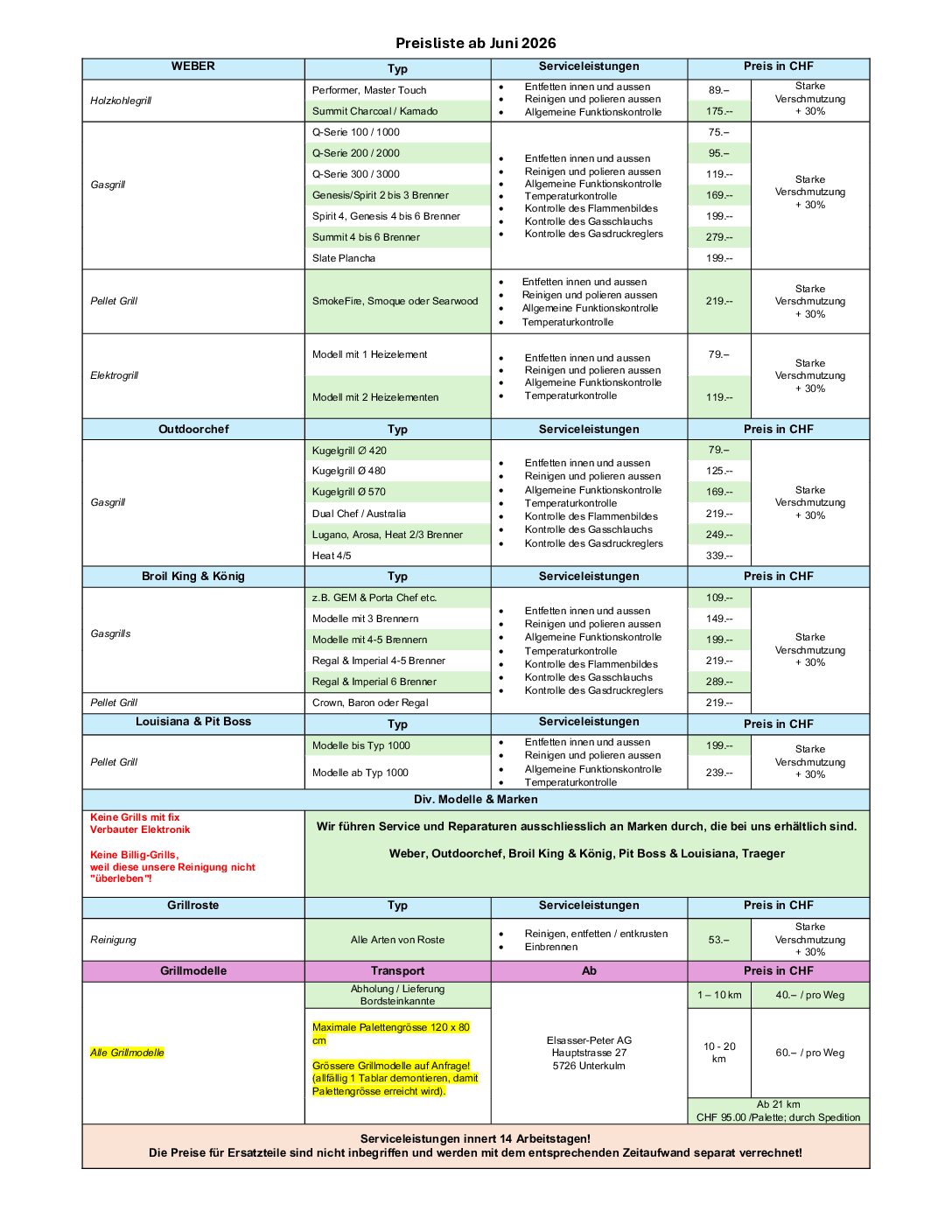 Preisliste ab Juni 2026